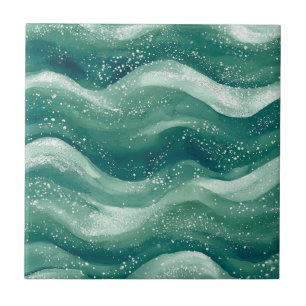 Calming Teal Watercolor Ocean Wave Art Ceramic Tile