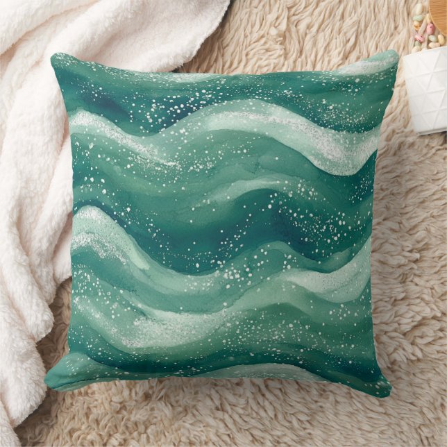 Calming Teal Watercolor Ocean Wave Art Throw Pillow (Blanket)