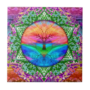Calming Tree of Life in Rainbow Colors Tile