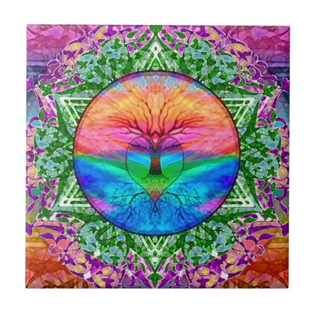 Calming Tree of Life in Rainbow Colors Tile (Front)