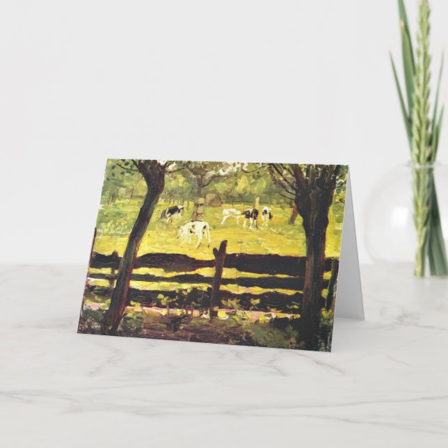 Calves in a Field bordered by Willow Trees, Card (Front)