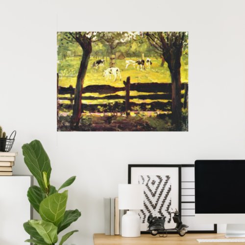 Calves in a Field bordered by Willow Trees Poster