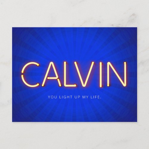 Calvin name in glowing neon lights postcard