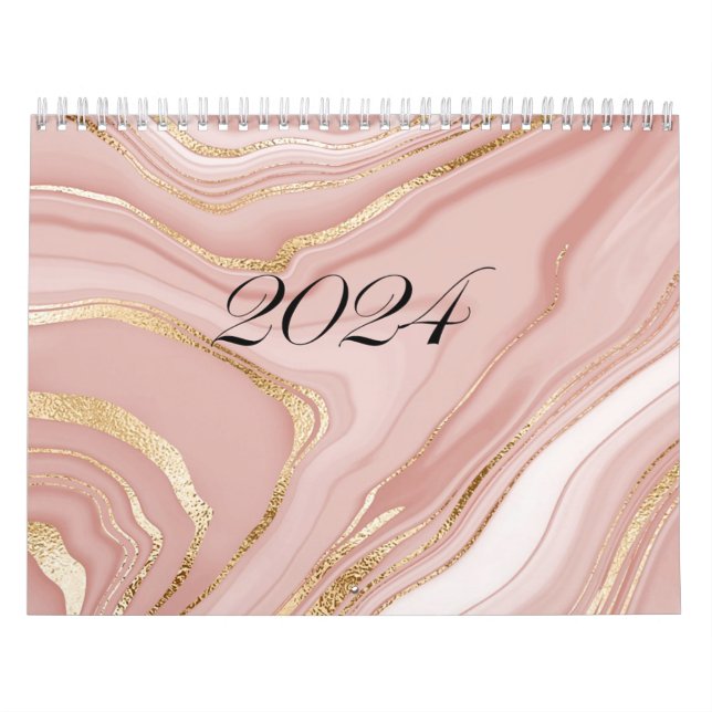 Calwndar 2024 pink marble pattern with gold calendar (Cover)
