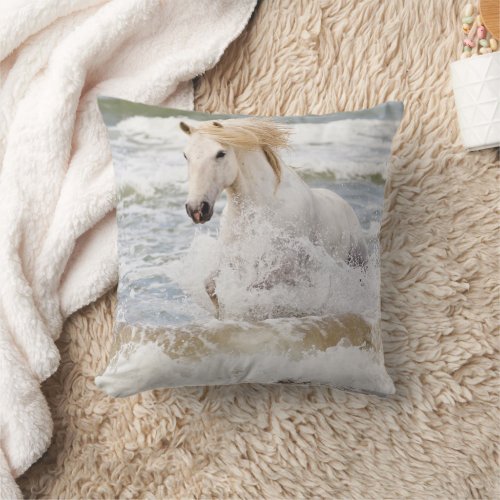 Camargue Horse in the Surf Throw Pillow