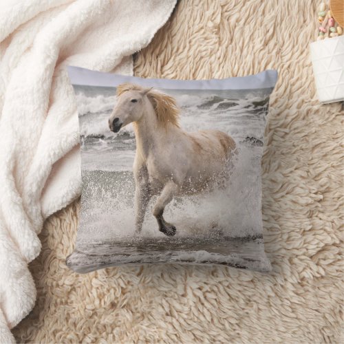 Camargue Horse Running out of Surf Throw Pillow