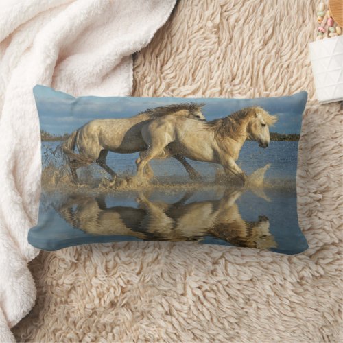 Camargue Horses and Reflection Southern France Lumbar Pillow