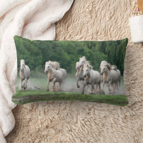 Camargue Horses Running in Water Lumbar Pillow
