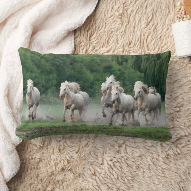 Camargue Horses Running in Water Lumbar Pillow (Blanket)