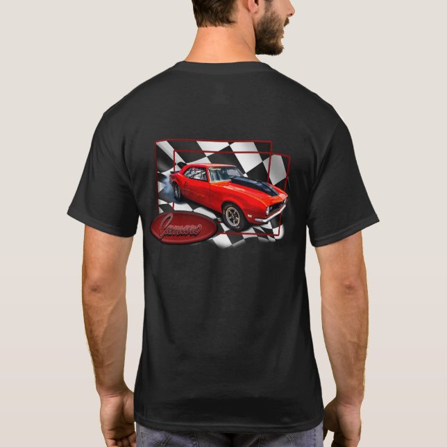 Camaro with checkered flag back ground  T-Shirt (Back)