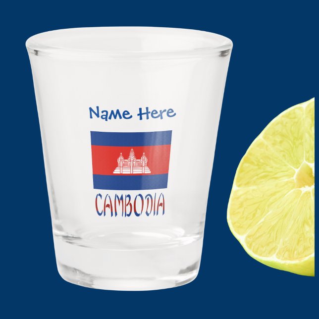Cambodia Cambodian Flag Blue Personalized  Shot Glass (Cambodian Flag on shot glass has the word CAMBODIA below in flag colors. Add name in blue text above)