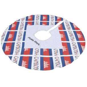 Cambodia Cambodian Flag Tiled Personalized Name Faux Linen Tree Skirt