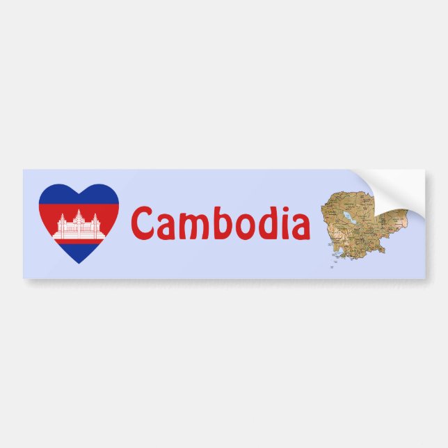 Cambodia Flag Heart + Map Bumper Sticker (Front)