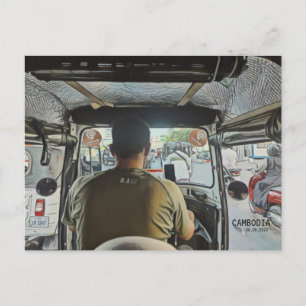 Cambodia Inside a Tuk Tuk, Customizable Date Postcard