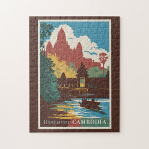 Cambodia Temple Illustration Travel Art Vintage Jigsaw Puzzle