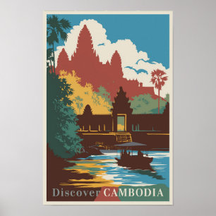 Cambodia Temple Illustration Travel Art Vintage Poster