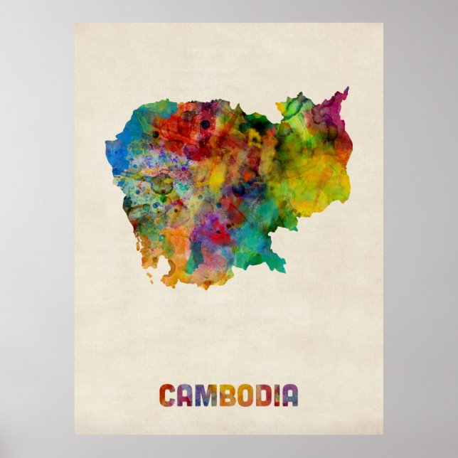Cambodia Watercolor Map Poster (Front)