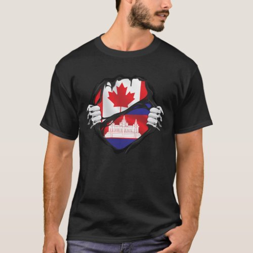 Cambodian Canadian Hands Ripped Roots Flag T_Shirt