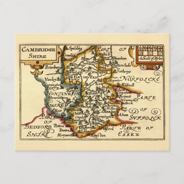 Cambridgeshire County England Old Antiquarian Map Postcard (Front)