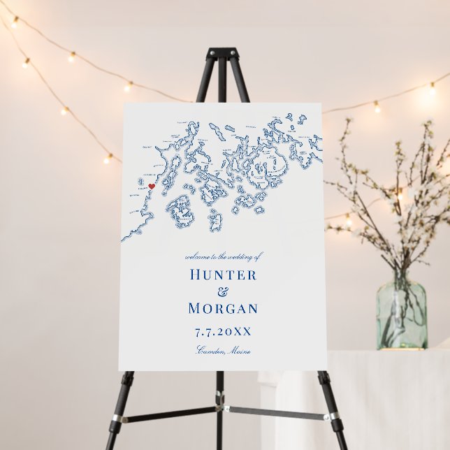 Camden Maine Elegant Navy Wedding Welcome Sign (In Situ (Stand))