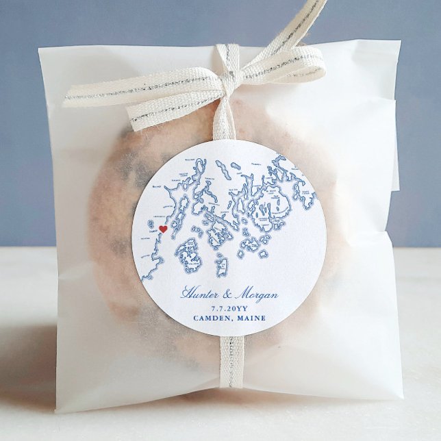 Camden Maine Map Elegant Navy Blue Wedding Favor Classic Round Sticker (wedding favor label with Camden Maine map and couples names, date and town)