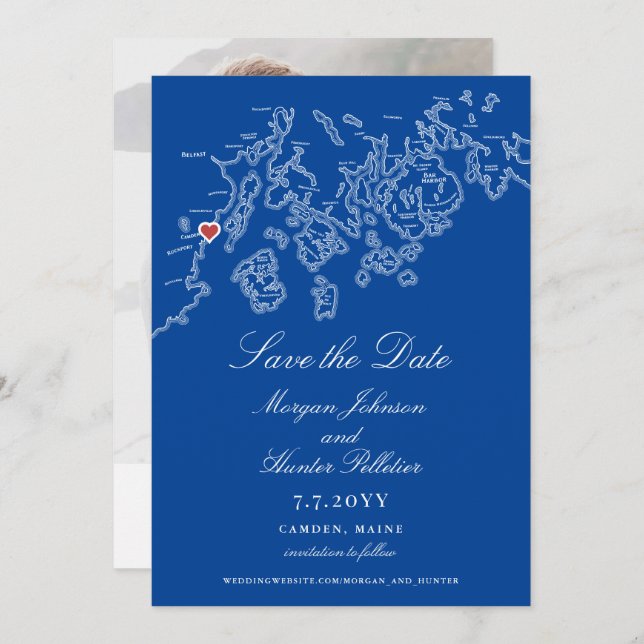 Camden Maine Map Elegant Navy Wedding Save The Date (Front/Back)