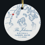 Camden Maine Map Wedding Photo Christmas Ceramic Ornament<br><div class="desc">Commemorate your Camden, Maine wedding with this elegant personalized Christmas ornament featuring a navy blue Penobscot Bay map theme. Perfect for couples who tied the knot at iconic venues like Whitehall, 16 Bay View, Union Hall, High Mountain Hall, or Blackberry Inn, this keepsake ornament showcases your wedding photo on the...</div>