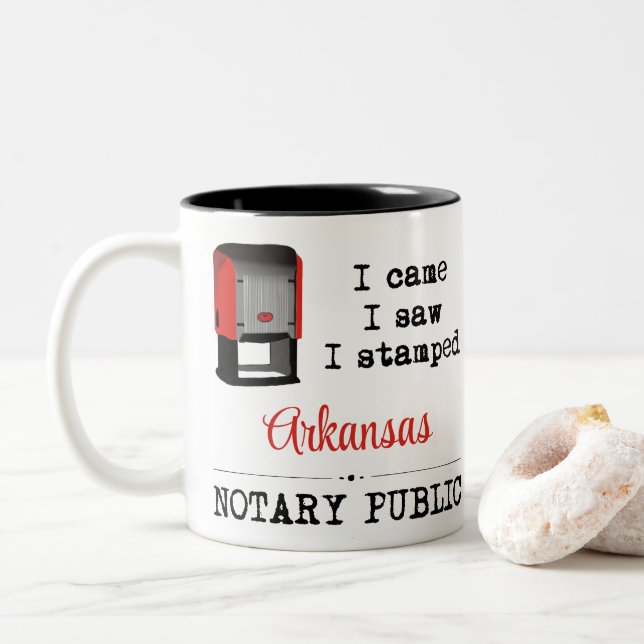 Came Saw Stamped Notary Public Arkansas Two-Tone Coffee Mug (With Donut)