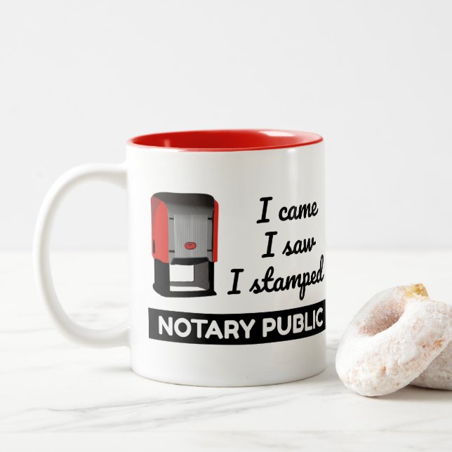 Came Saw Stamped Notary Public Red Stamp Two-Tone Coffee Mug (With Donut)