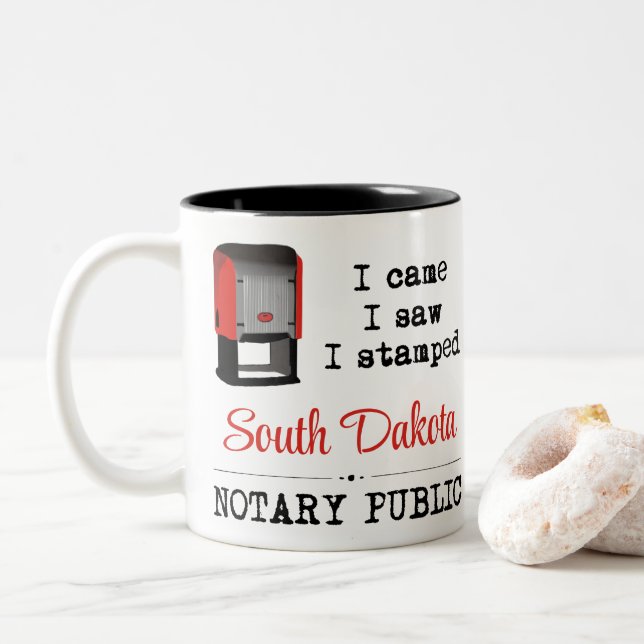 Came Saw Stamped Notary Public South Dakota Two-Tone Coffee Mug (With Donut)