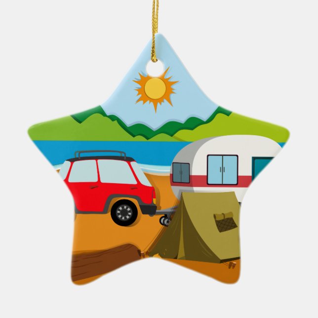Cameground with tent and caravan ceramic ornament (Front)