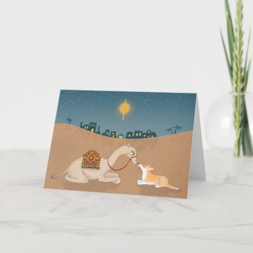 Camel and corgi Christmas card