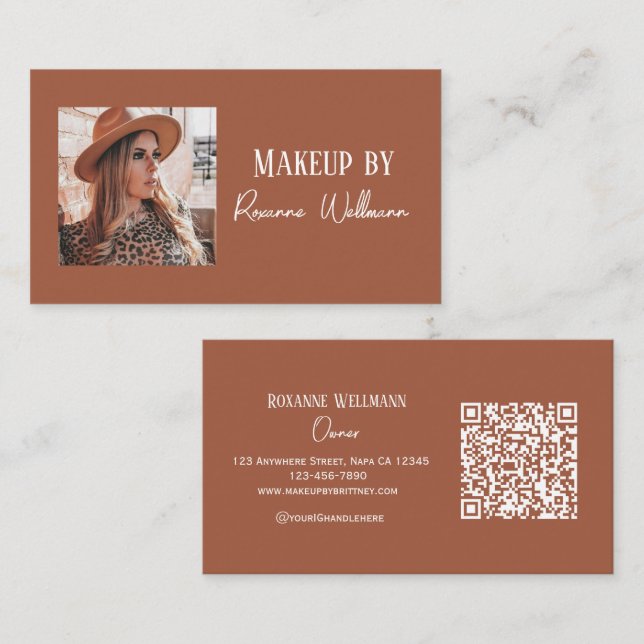 Camel And White Script Makeup Customizable QR Code Business Card (Front/Back)