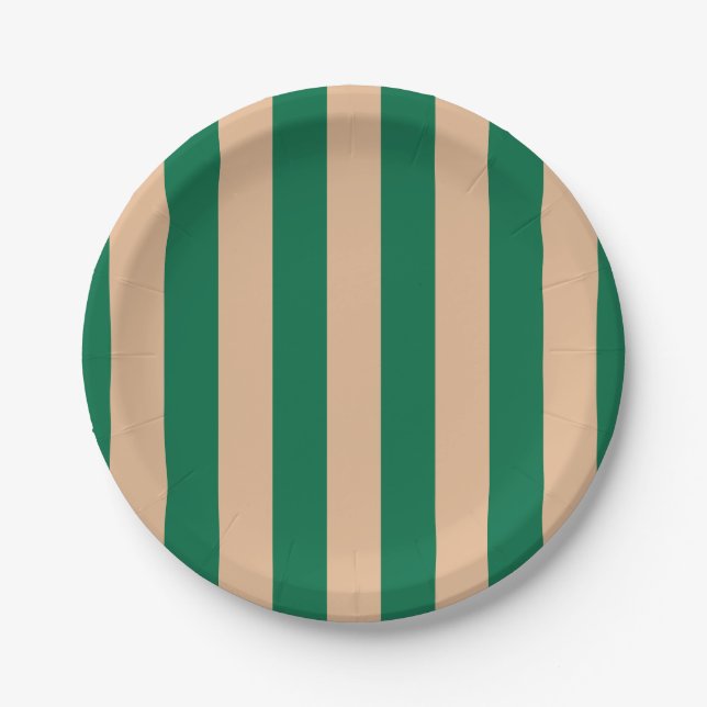 Camel Beige & Classic Green Stripe Paper Plates (Front)