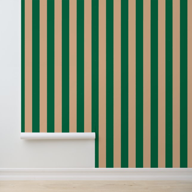 Camel Beige & Classic Green Stripe Wallpaper (Application)