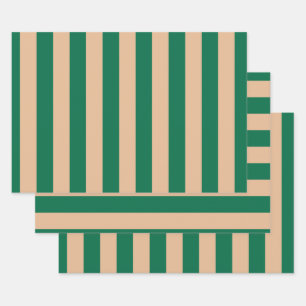 Camel Beige & Classic Green Stripe Wrapping Paper Sheets