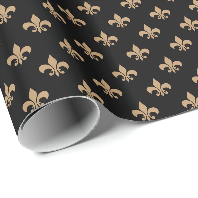 Camel Brown Fleur-de-lis on Black Wrapping Paper