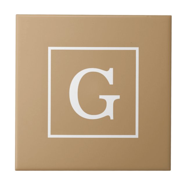 Camel Brown White Framed Initial Monogram Ceramic Tile (Front)