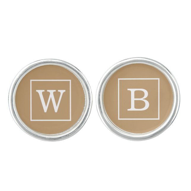Camel Brown White Framed Initial Monogram Cufflinks (Front)