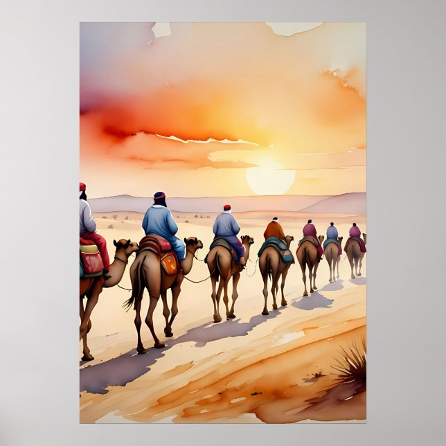Camel Caravan in the Desert,Boho Travel Landscape Poster (Front)