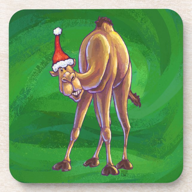 Camel Christmas On Green Beverage Coaster (Front)