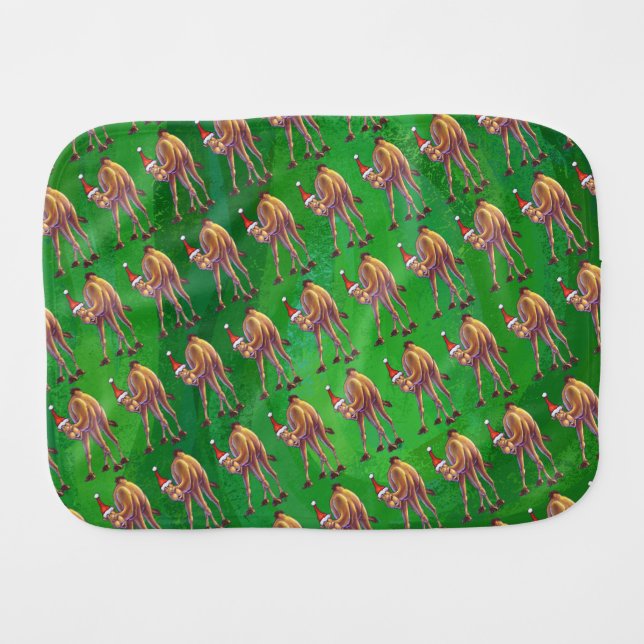 Camel Christmas On Green Burp Cloth (Front Horizontal)