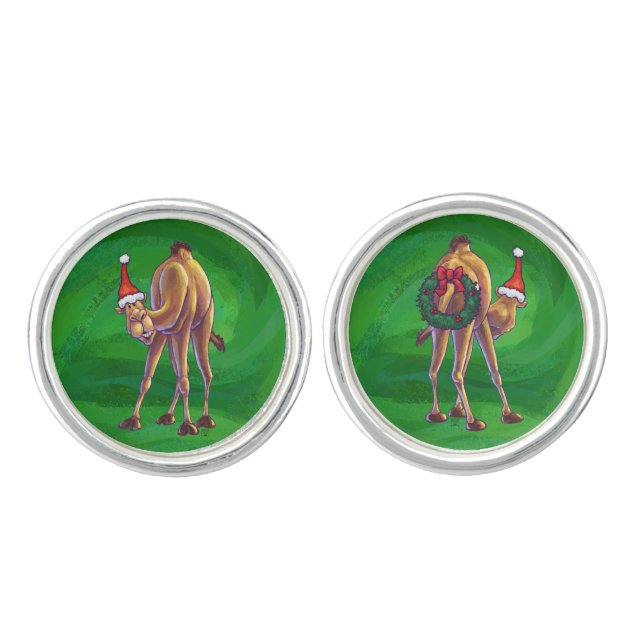 Camel Christmas On Green Cufflinks (Front)