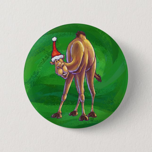 Camel Christmas On Green Pinback Button (Front)