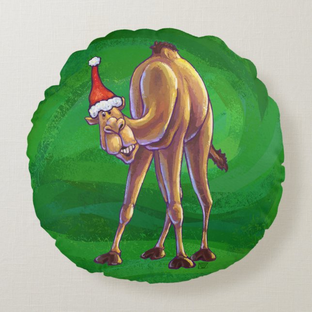 Camel Christmas On Green Round Pillow (Front)