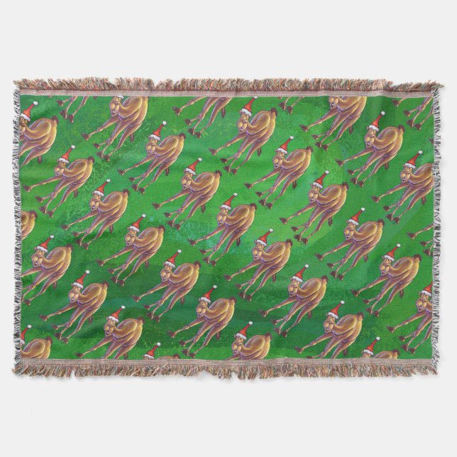 Camel Christmas On Green Throw Blanket (Front)