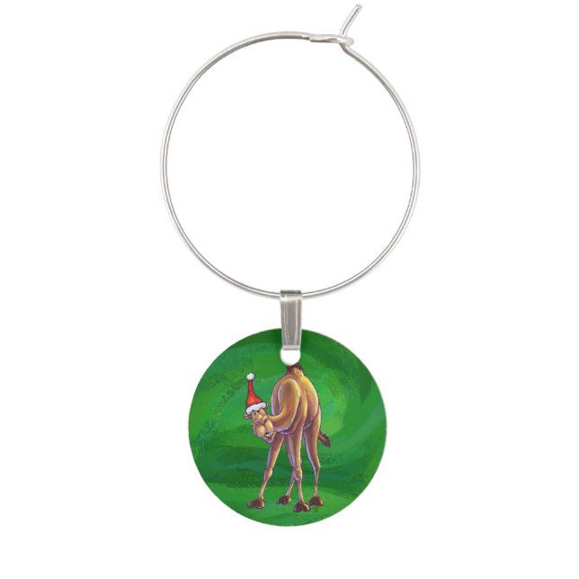 Camel Christmas On Green Wine Glass Charm (Front)