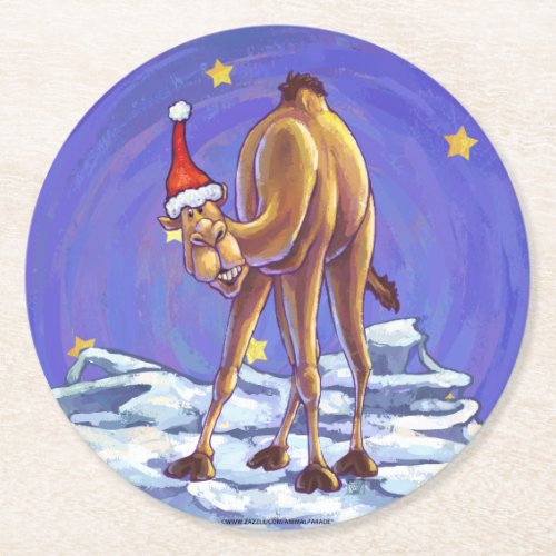 Camel Christmas Round Paper Coaster