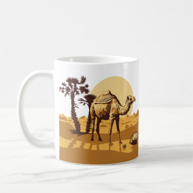 Camel, desert, palm trees and sunshine coffee mug (Left)