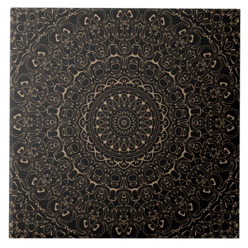 Camel on Black Mandala Kaleidoscope Medallion Ceramic Tile